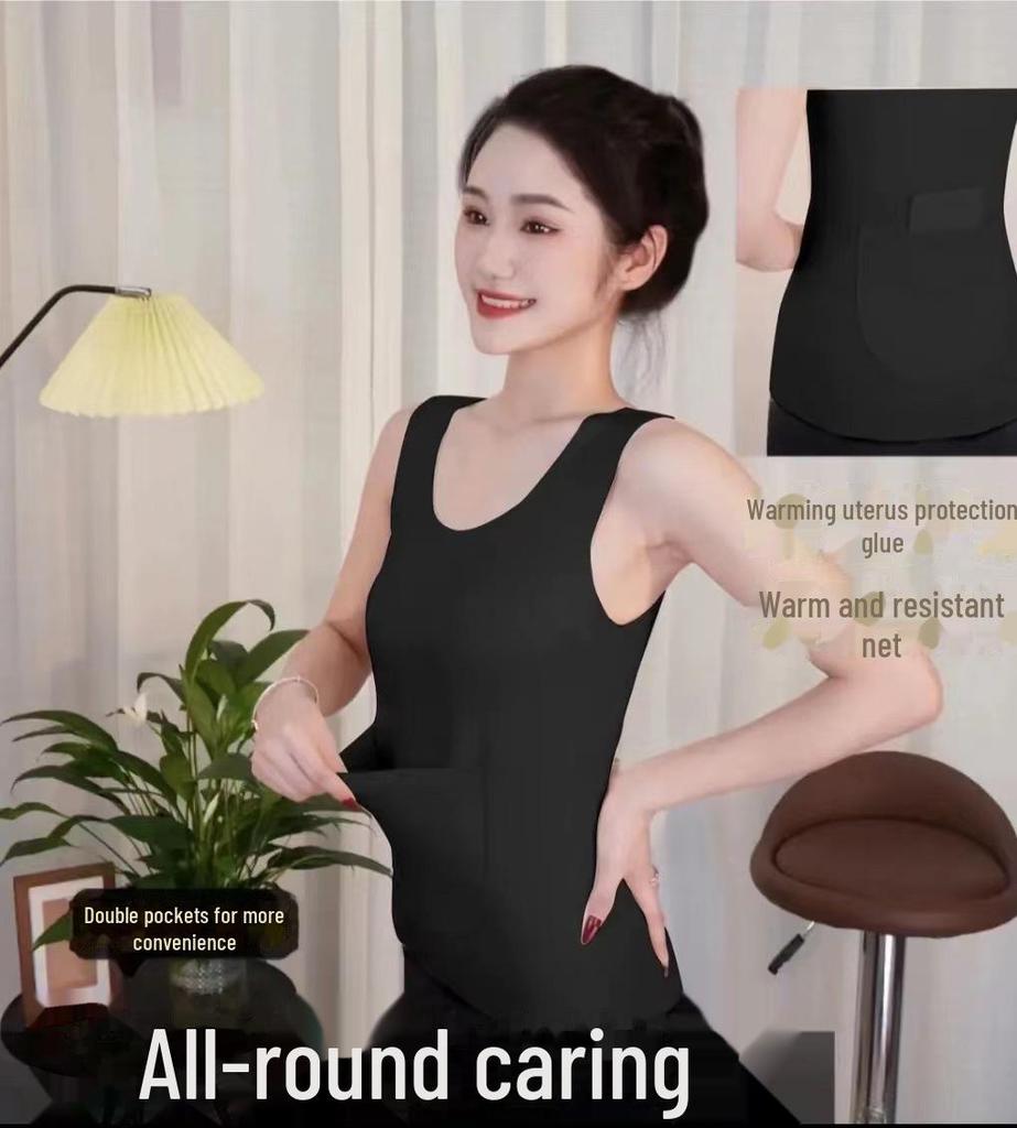 Женский бесшовный теплый жилет из бархата с начесом, двойными карманами и защитой талии для осени и зимы