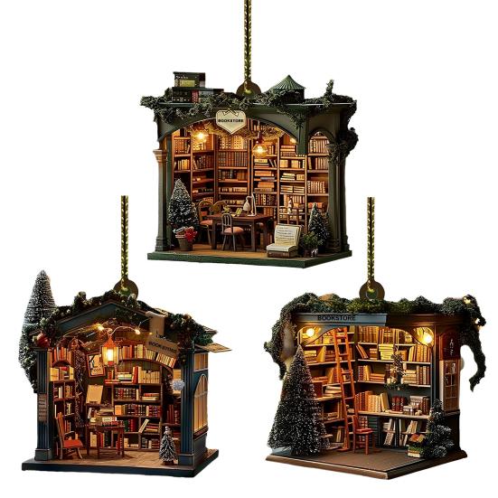 1Pc/2Pcs Christmas Bookstore Ornament Acrylic 2D Flat Book Store Ornament Xmas Tree Hanging Decoration for Book Lovers