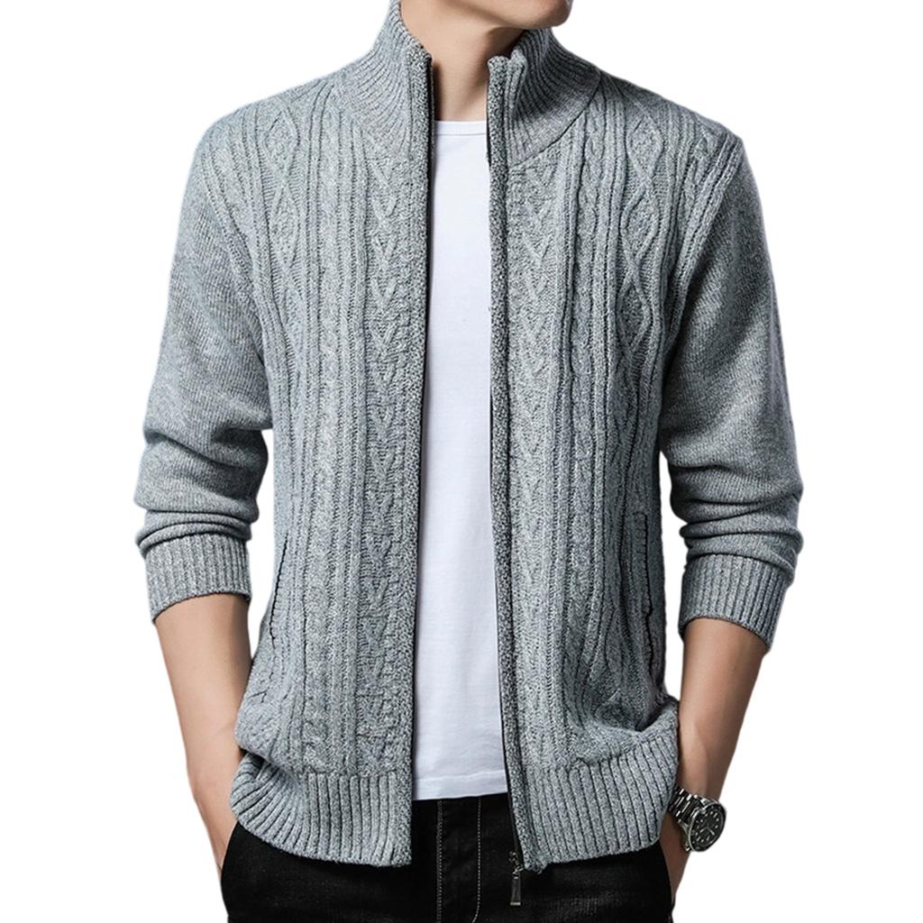 Men's  Standing Collar  Add Cotton  Adding Fleece  Thickened  Long Sleeves  Color Matching  Cardigan  Knitting  Sweater  Coat