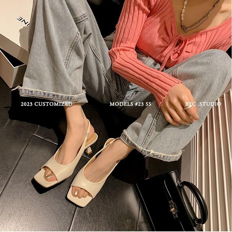 Bao Single Simple Temperament Square Head Leaking Toe Sandals 2025 Summer Full Leather Cat Heel Elastic Korean Version Women's Shoes