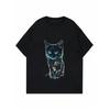 Black T Shirt Women Casual Loose Fit Graphic Print Cat With Blue Eyes And Neon Outline For Daily Wear And Street Style
