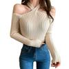 FUPUTWO Sexy Knit Long Sleeve Sweater Tight Fit Women's Top, Off-the-Shoulder, (Beige)