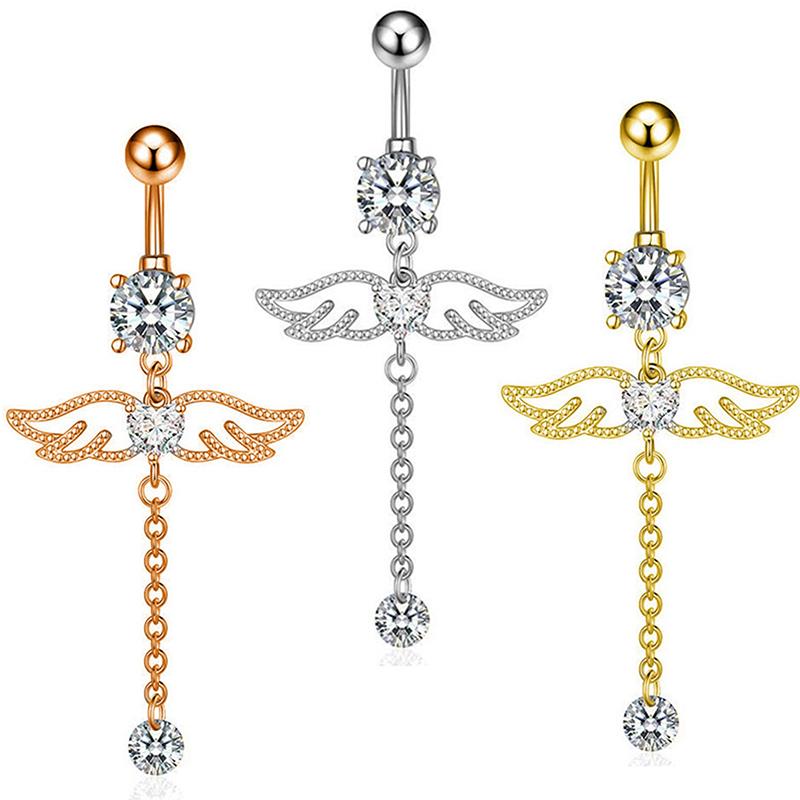 Модные кольца для пупка с крыльями ангела, циркониевое кольцо в форме сердца, симпатичное хрустальное подвесное украшение в виде штанги для пупка, пирсинг для тела