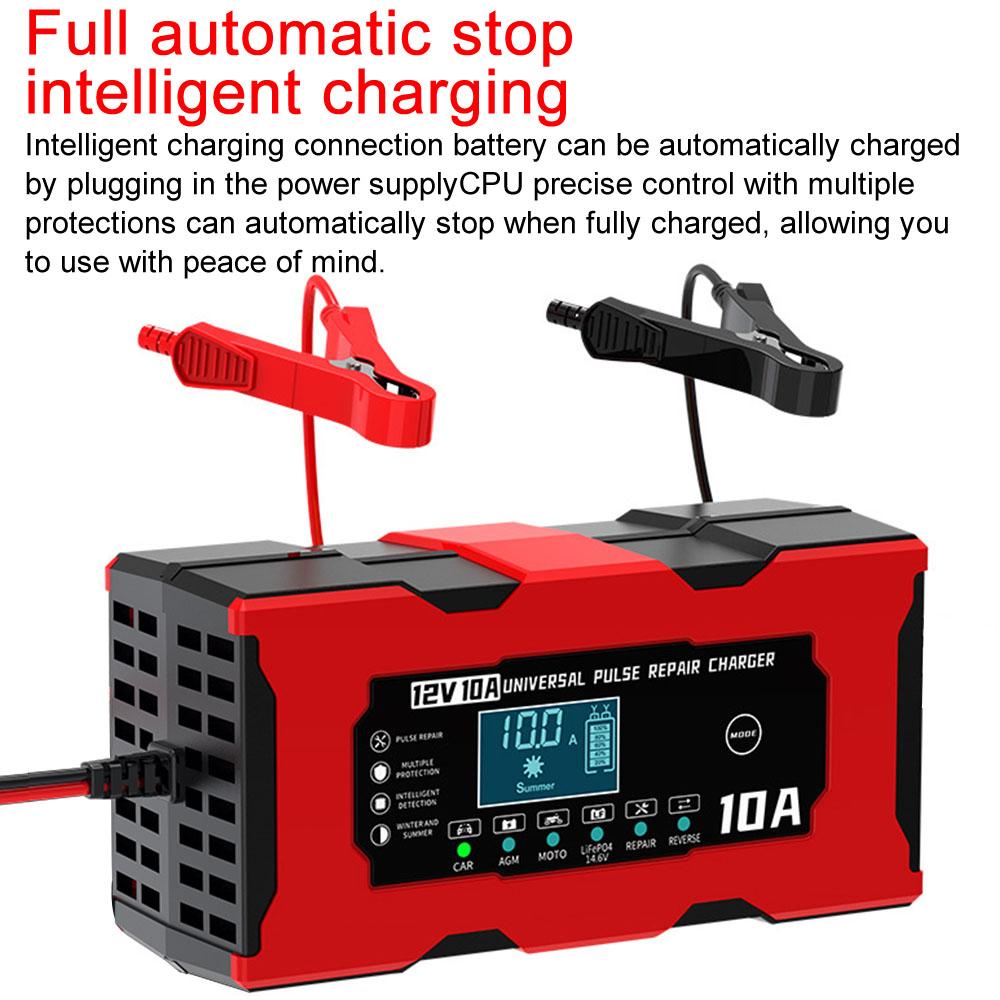 Интеллектуальное зарядное устройство для автомобильного аккумулятора 14,6 В 10 А, зарядное устройство для литиевых и железных аккумуляторов, импульсный ремонт, вилка ЕС/США, бесшумный вентилятор, цифровой ЖК-дисплей 12 В 10 А