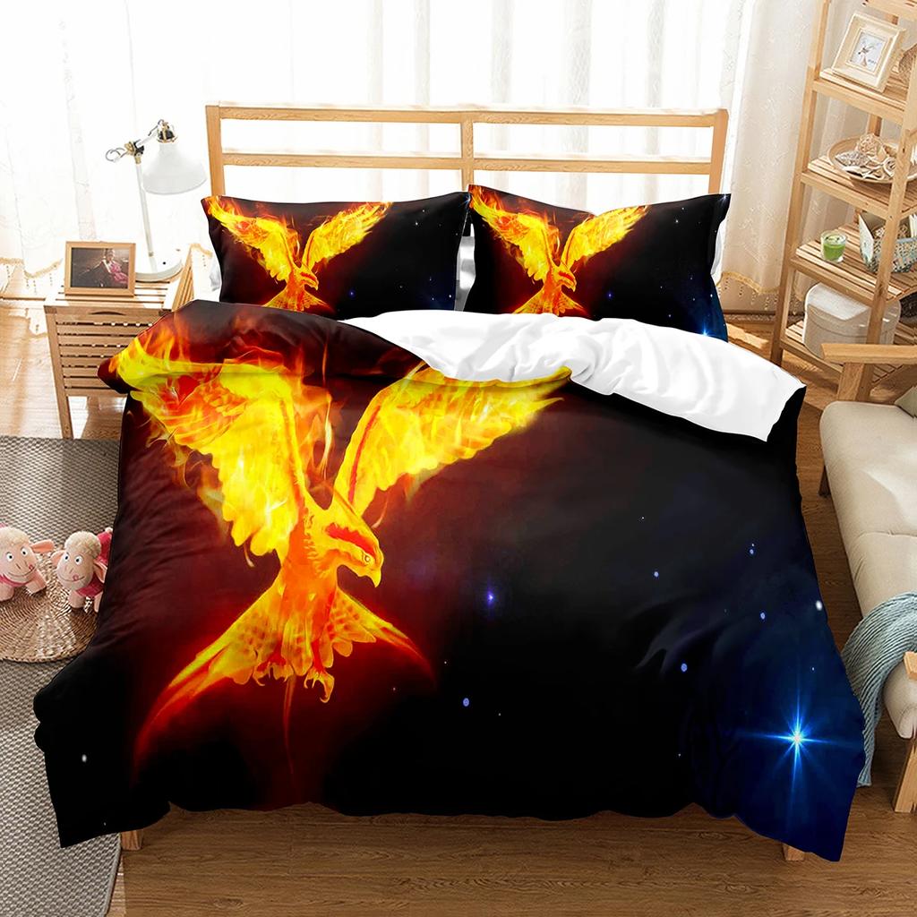 Phoenix Duvet Cover Set King Queen Size for Kids Boy Girls Bedding Set Yellow Animals Pattern Polyester Quilt Cover with Zipper