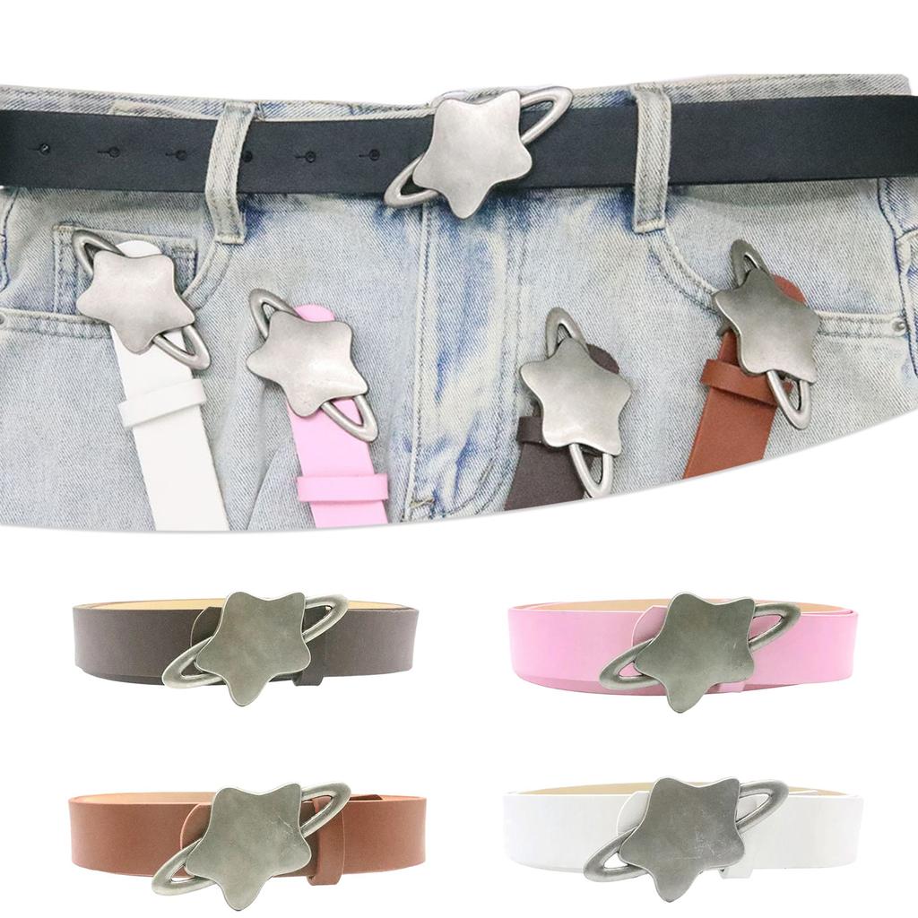 Fashionable Star Buckle Belt for Lady Girls and Women Classic Solid Color Waist Ornament Adjustable PU Leather Sash