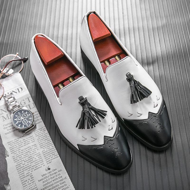 Ретро Мужские Черно-Белые Лоскутные Кисточки Лакированная Кожа Броги Платье Формальные Остроносые Деловые Оксфорды Свадебная Вечерняя Обувь