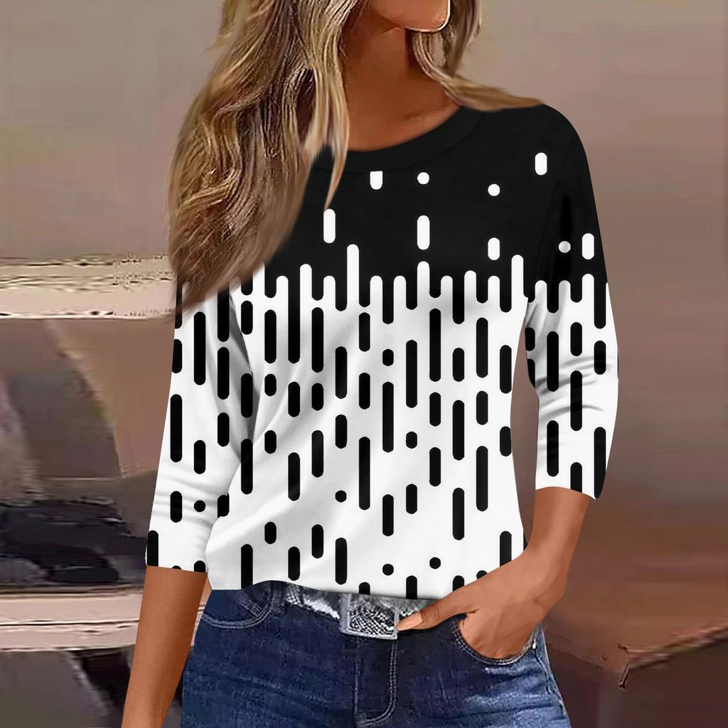 Women's Fashion Casual Round Neck 3/4 Sleeve Loose Printed T-Shirt Ladies Top