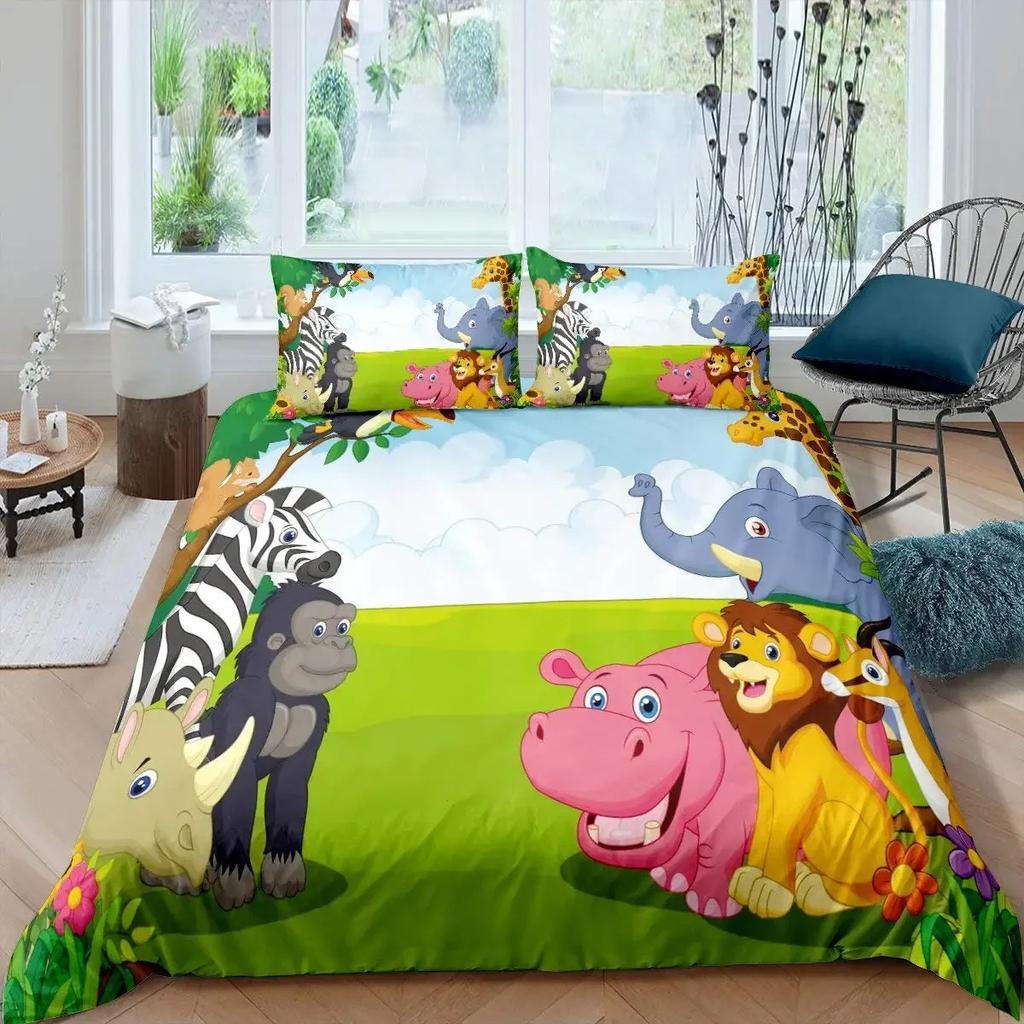 Комплект постельного белья с изображением мультяшных животных King Size Savannah Tropical Forest Jungle Wildlife Комплект постельного белья Kids Zoo Полиэстеровый пододеяльник