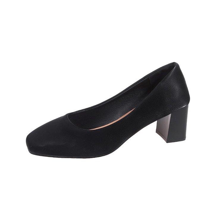 2025 new women's shoes square head shallow mouth leather surface thick heel high heels spring and autumn four seasons women's single shoe manufacturer