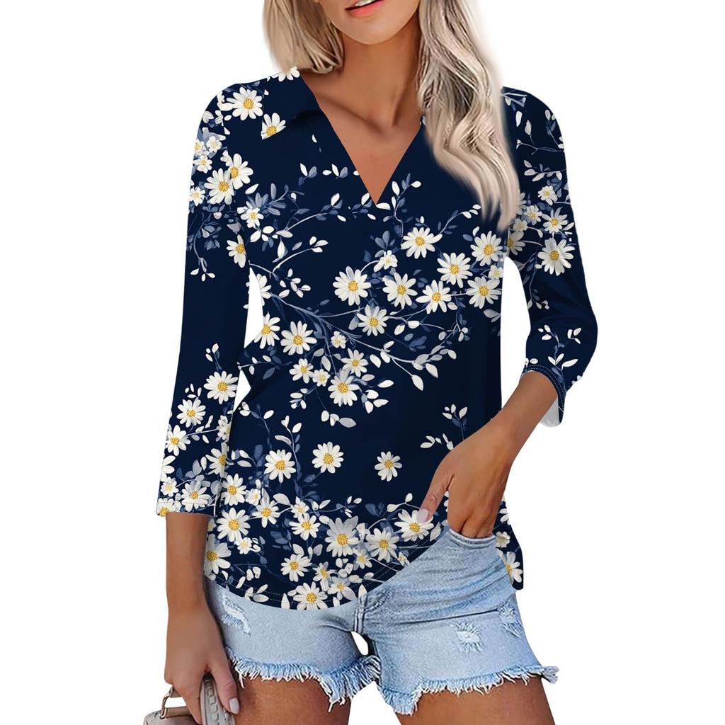 Женская летняя модная повседневная рубашка с v-образным вырезом и семью рукавами с принтом, топ