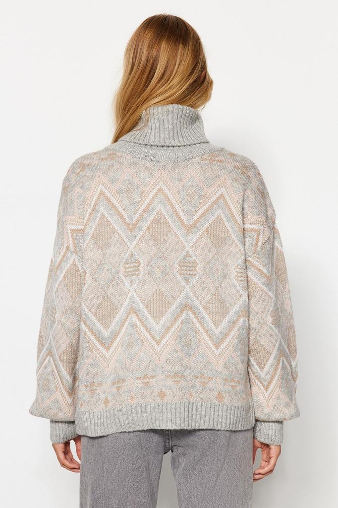 Women's Fashion New Sweater Gray Self-Patterned Knitwear Sweater