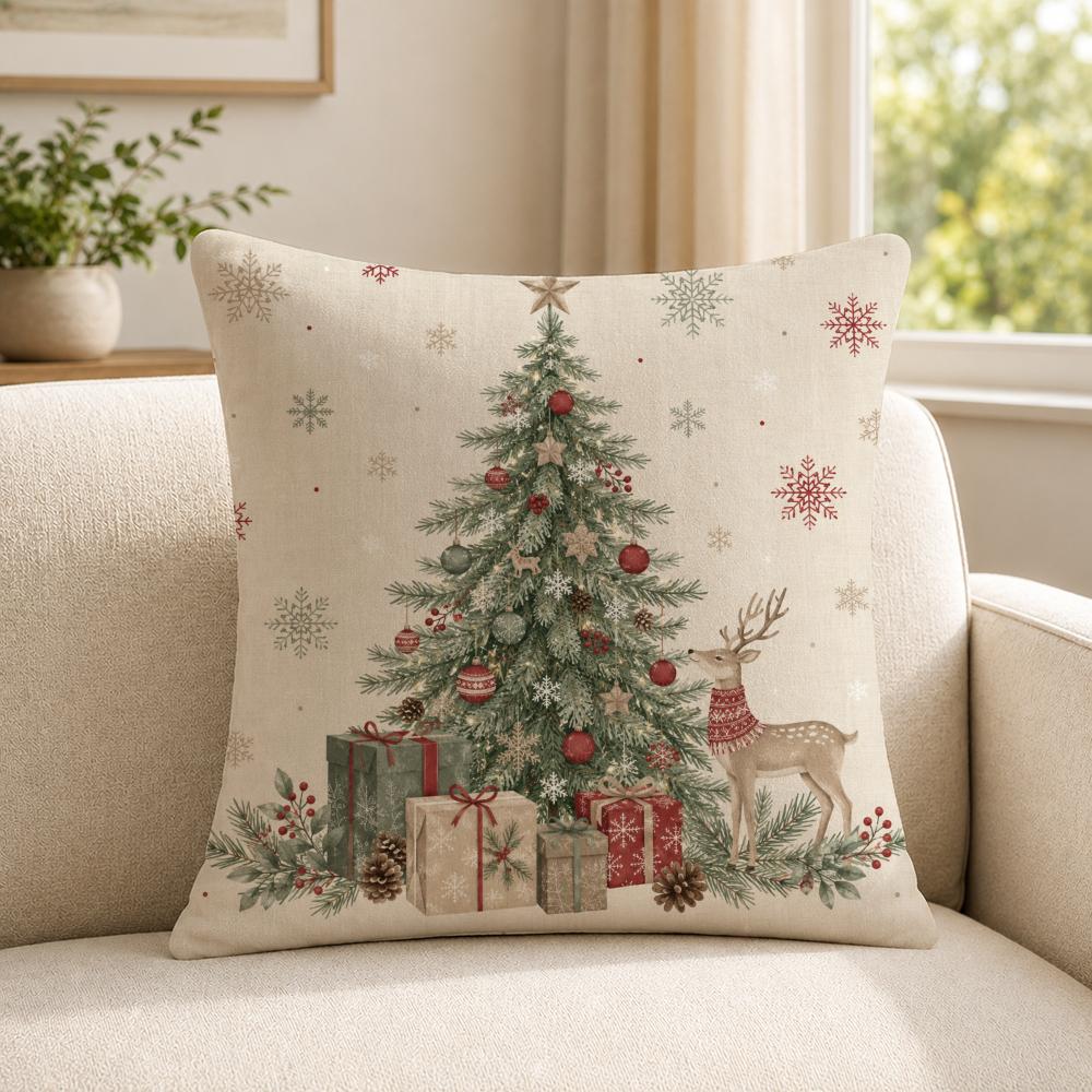 Art Festive Scenery Warm Christmas Trees and Deer Cushion Cover Soft Short Plush SkinFriendly Cushion Case for MultiScene Use