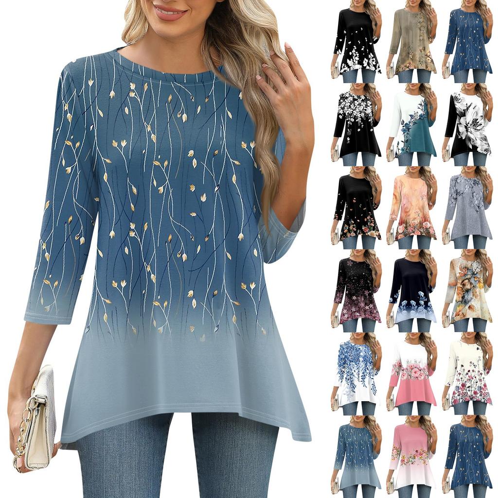3/4 Sleeve Tunic Tops For Women Printed Daily Weekend Loose Fit Fashion Basic Round Neck T Shirt