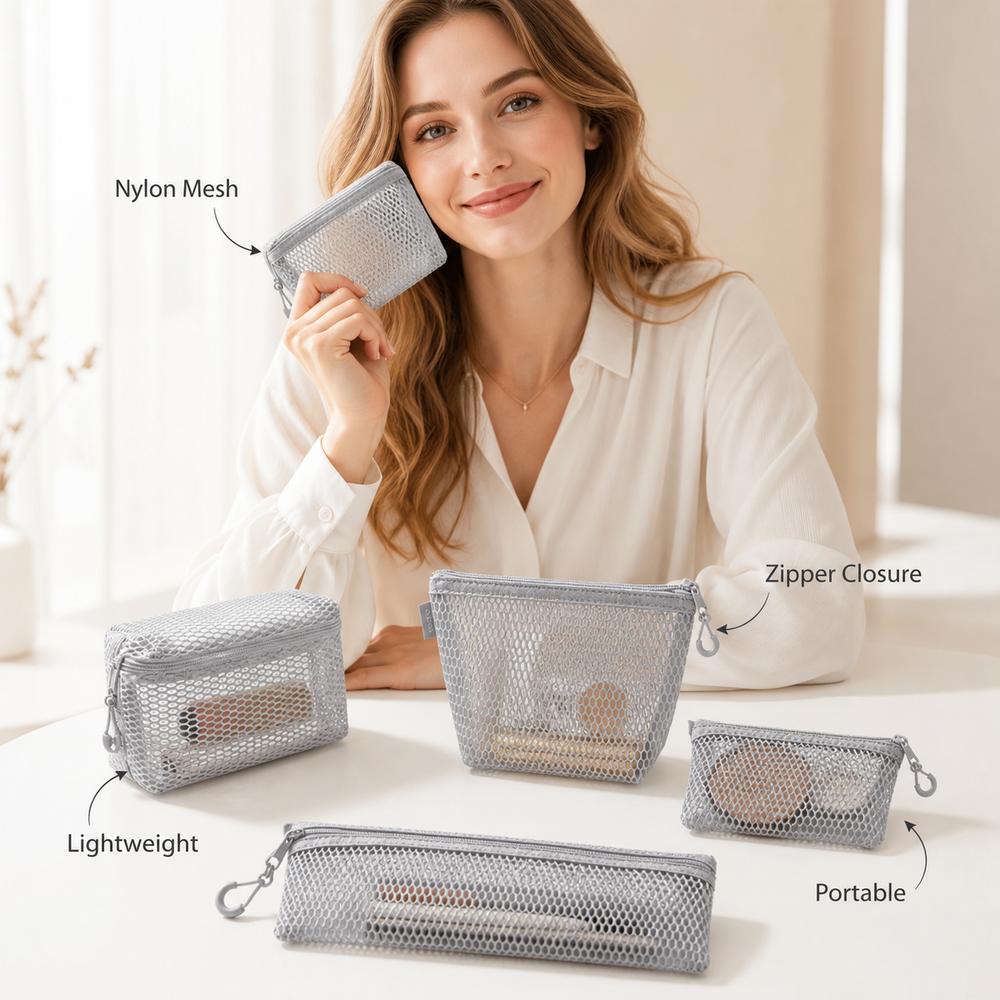 Breathable Mesh Makeup Bag Nylon Mini Zipper Coin Purse Office Organization