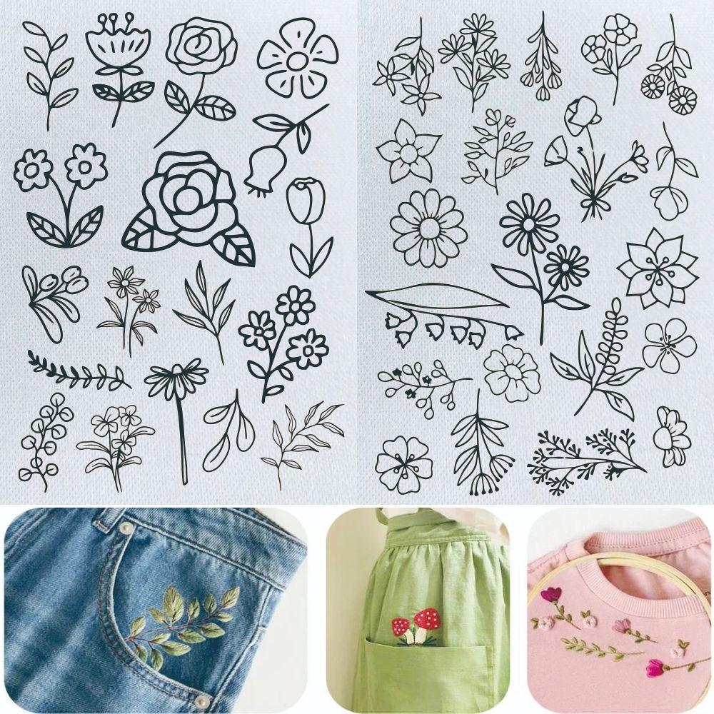 2 листа с цветами и листьями Стежки Вышивка Бумага Ручная вышивка Сделай сам Ручная строчка Стабилизаторы Швейные принадлежности