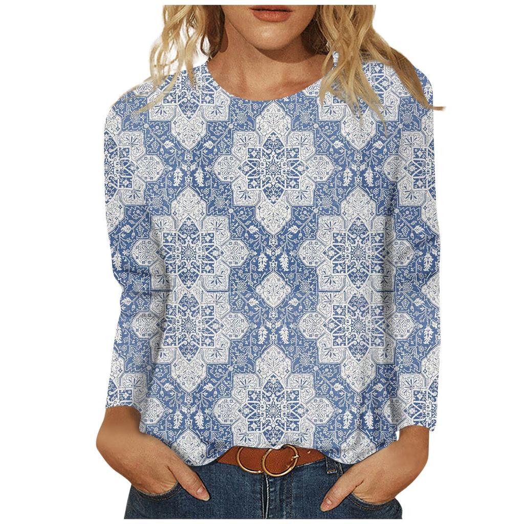 Женская мода повседневная с длинным рукавом и принтом с круглым вырезом, топ-пуловер, блузка, топы для женщин, женские топы и блузки 2024 года, нарядные топы