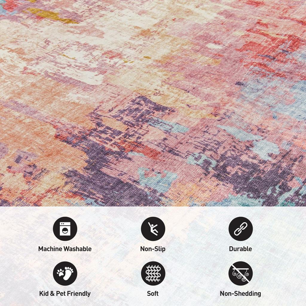Multi Abstract Distressed Area Rug, Machine Washable Non Slip Carpet for Living Room Bedroom Home Office, Modern Decor