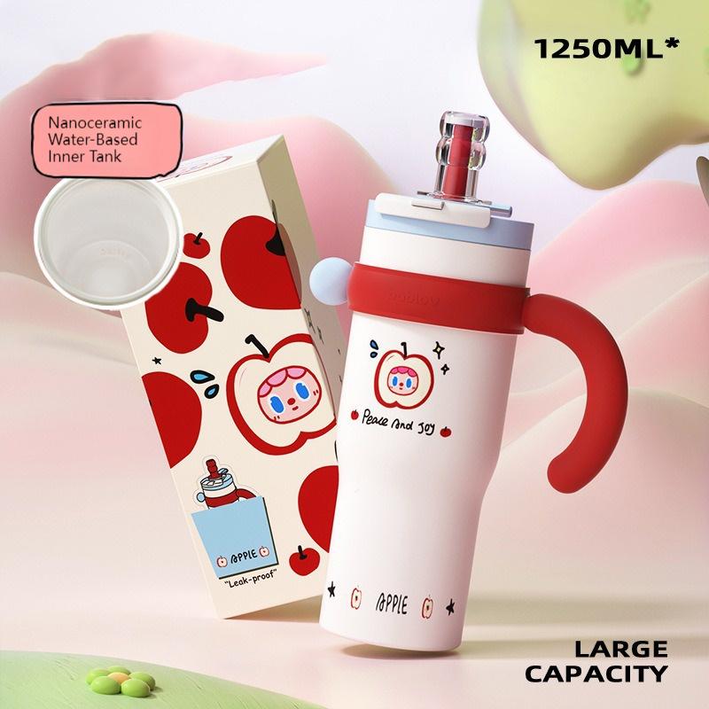 Bablov 800/1250ML Straw Thermos Cup Ceramic Inner Vacuum Flasks Large Capacity Water Cup Keep Cold & Hot Camping Beverage Cup