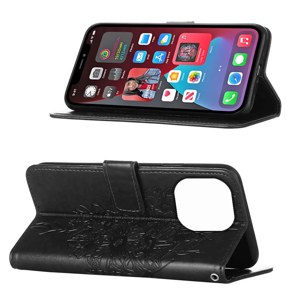 Подходит для чехла-кошелька из кожи для мобильного телефона iPhone 14 14Pro с тиснением-бабочкой, однотонный защитный чехол 14Max с отделениями для карт