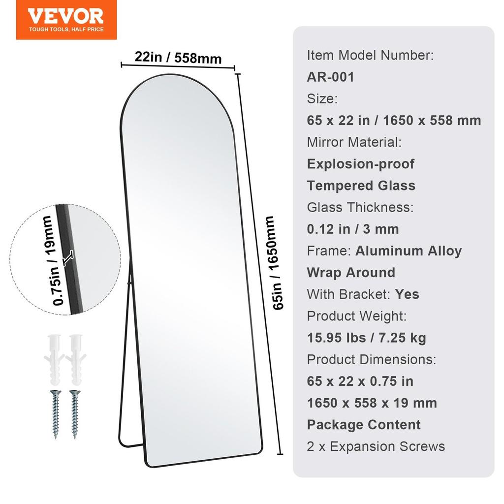 Arched Full Length Mirror 65'' x 22'' Full Body Mirror Standing Hanging