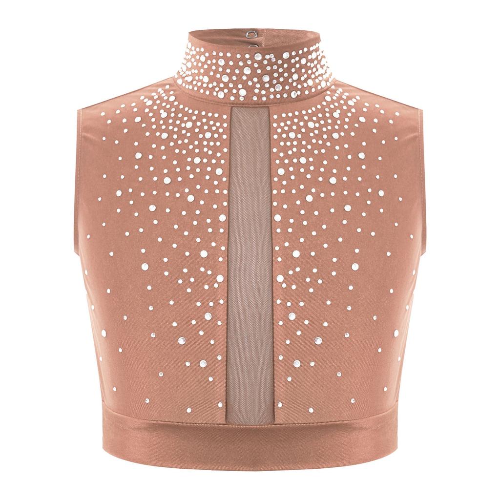 Укороченный топ для девочек Lyrical Dance с воротником-стойкой, без рукавов, вырез-замочная скважина сзади, отделка стразами для современных выступлений