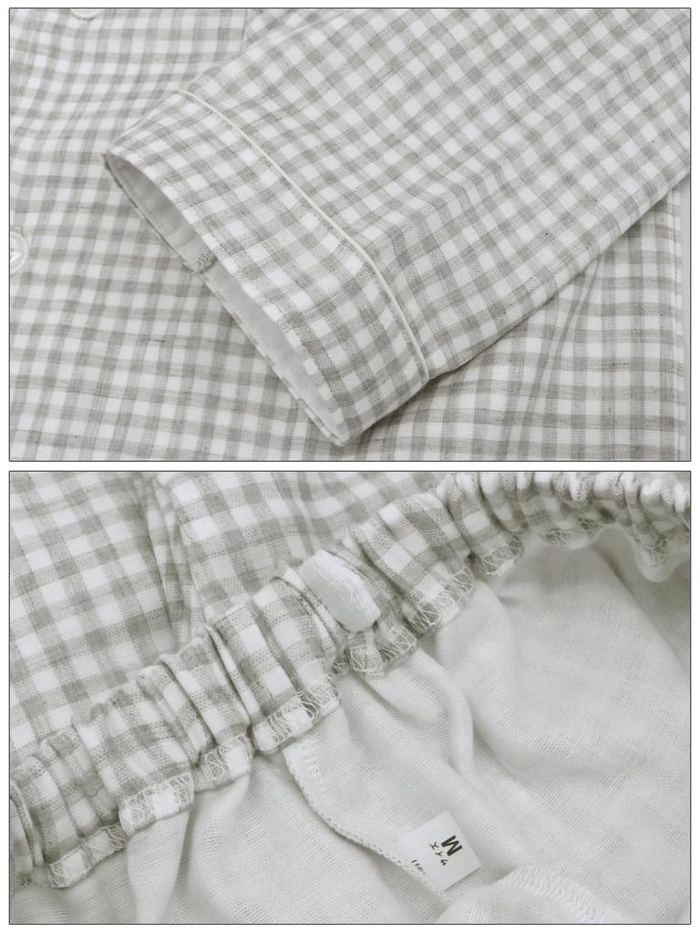 SUIMIN CARE Made In Checkered Long Sizes LL Gray Checkered Men's Pajamas, Japan, Double-Layered Gauze, Botanical, 100% Cotton, Pattern, Sleeves,