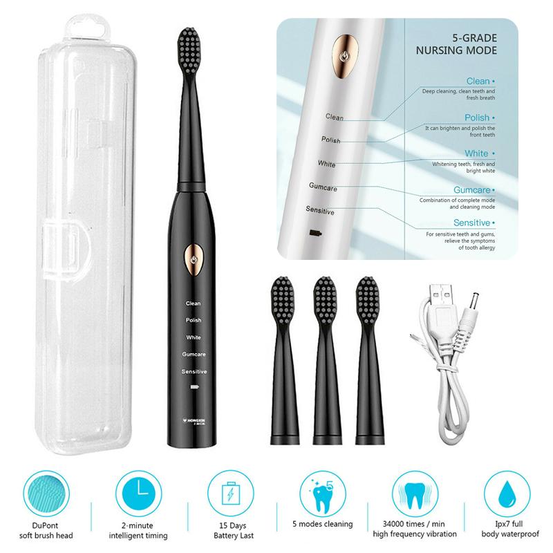 PDTO Adult Sonic Electric Toothbrush Waterproof 5 Modes +4 Brush Heads