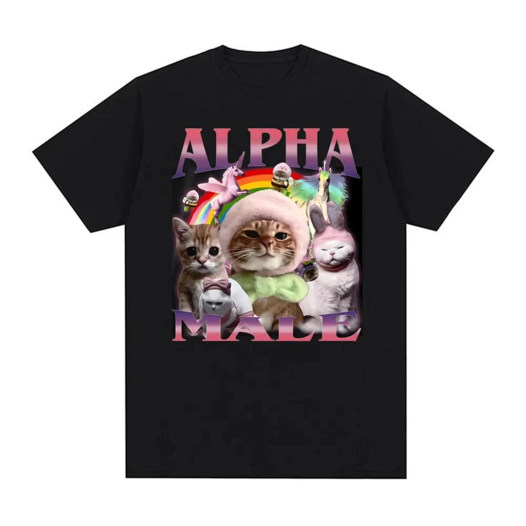 Alpha Male Vintage 90s Print Funny Cat Meme T-shirts Men Clothing Fashion Humor Short Sleeve T Shirts Pure Cotton Casual T-shirt