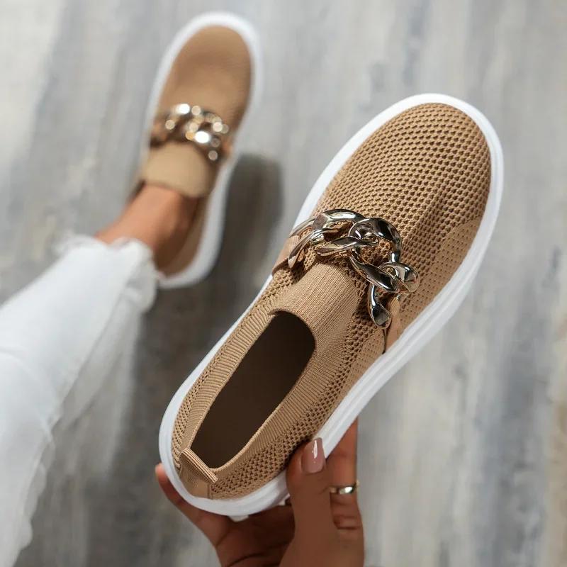 Metal Chain Women's Sneakers Knit Ladies Flats Shoe Breathable Platform Loafers High Quality Slip-on Mesh Casual Shoes for Women