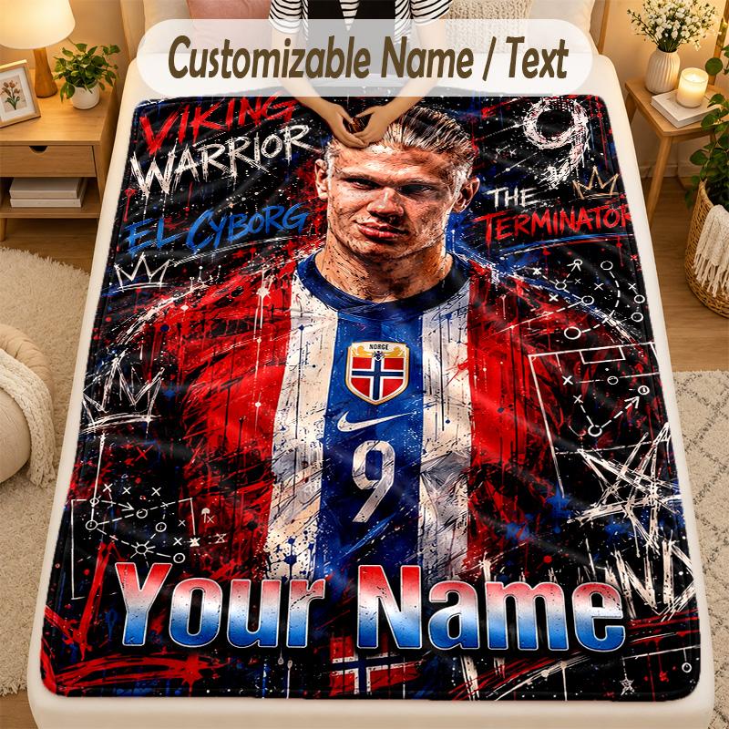 Flannel BlanketErling Haaland Custom Name Text Personalized Soft Warm Throw Blanket Home Decor Gift