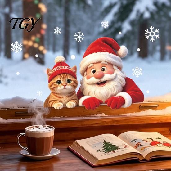Holiday Glass Decals Christmas Santa Cat Window Sticker, Snowflake Xmas Decal, Waterproof Seasonal Pet Lover Gifts Self-Adhesive Decor for Balcony