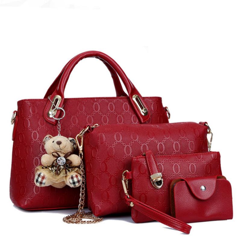 Классическая новинка 2023, женская сумка, новая модная женская сумка с подвеской в виде маленького медвежонка, модная сумка для мамы с тиснением, набор из 4 предметов