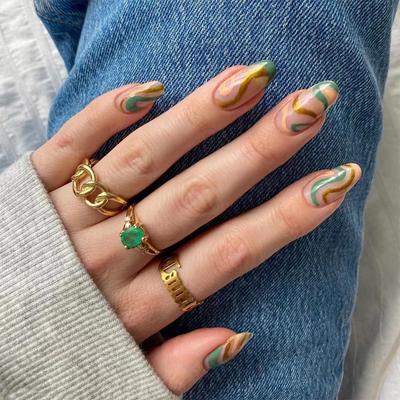24 шт./компл., наклейки для быстрых ногтей, коричневые, зеленые волны, накладные ниалы, носимые водонепроницаемый маникюр, готовые ногти