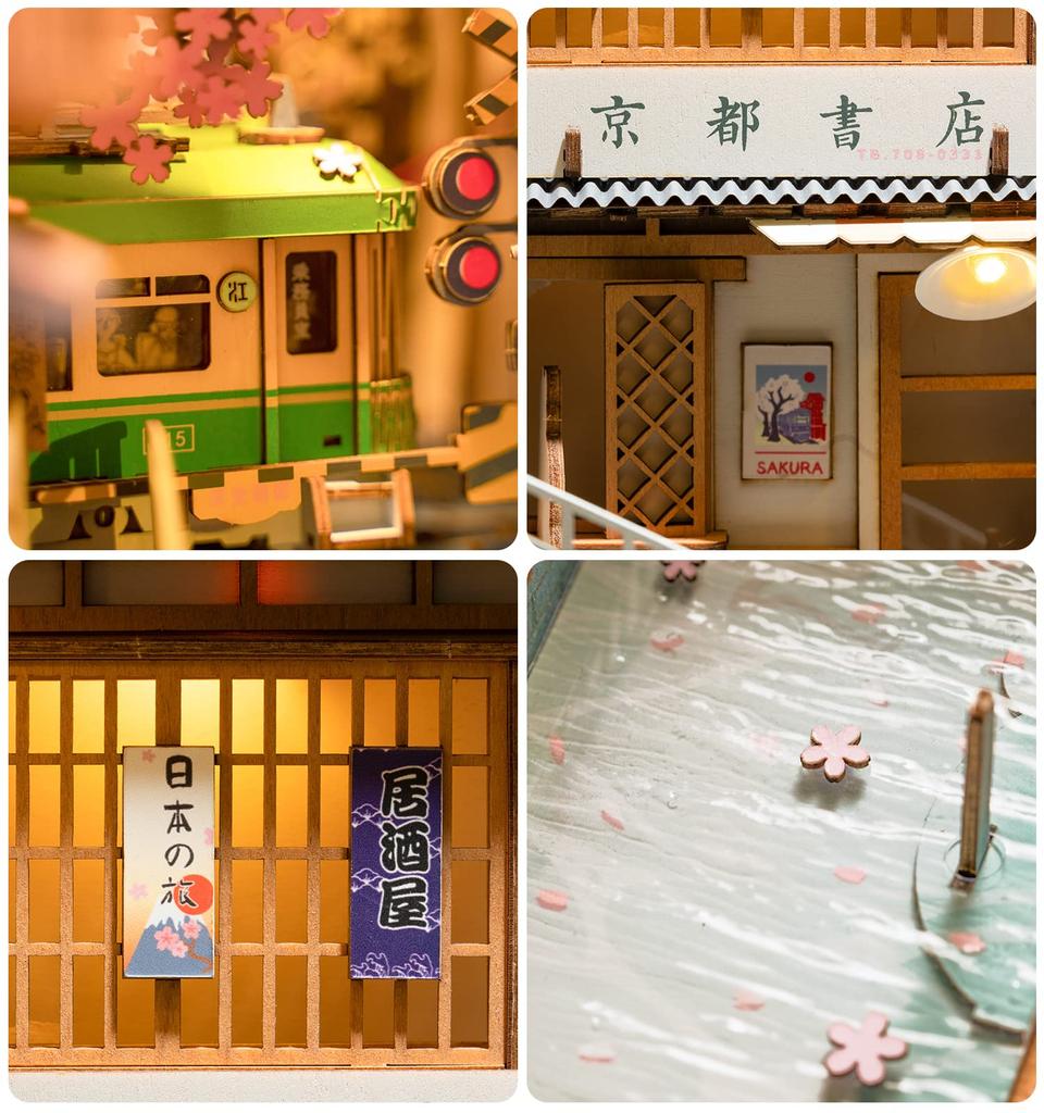 Rolife DIY Book Nook Cherry Blossom Train 3D Puzzle Miniature House Kit Bookend Bookstand LED Bookshelf Decoration Handmade Kit Assembly Wooden Puzzle