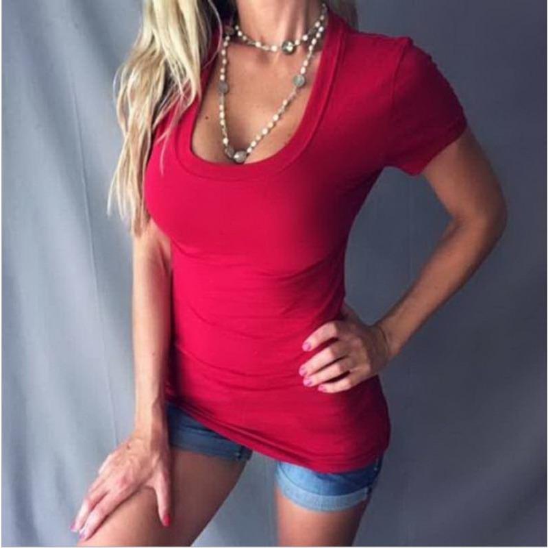 Solid-colored Slim-fitting Top with Deep V-neck Sexy Simple and Fashionable Women's T-shirts