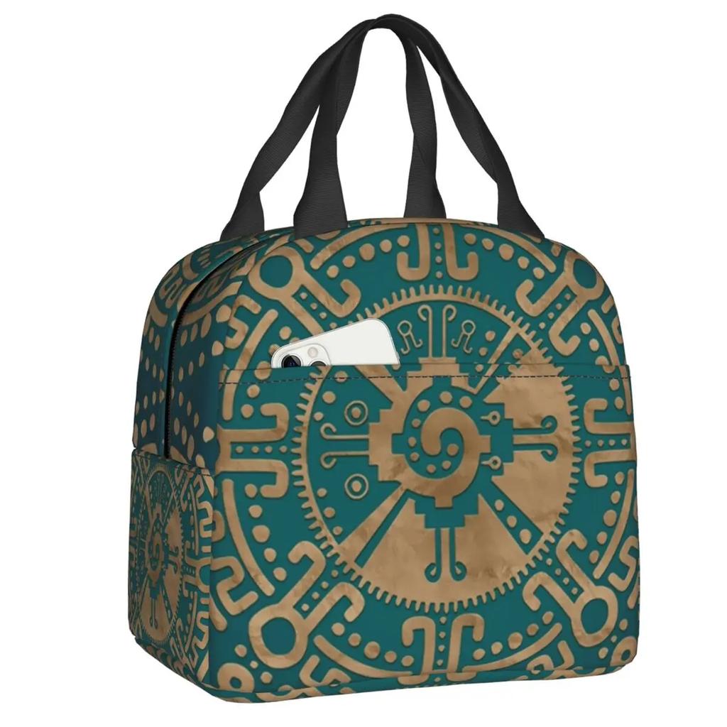 Mayan Aztec Hunab Ku Gold On Black Insulated Lunch Bag for Women Portable Cooler Thermal Lunch Box Beach Camping Travel