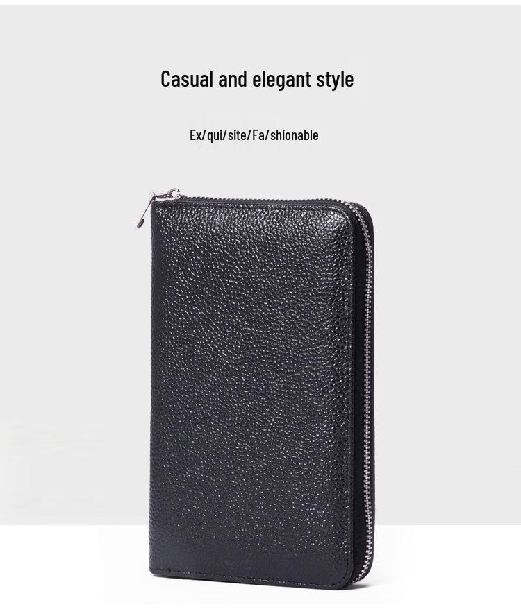 RFID Long Wallet: Top Grain Cowhide Passport & Document Holder with Zipper Phone Pouch for Men & Women