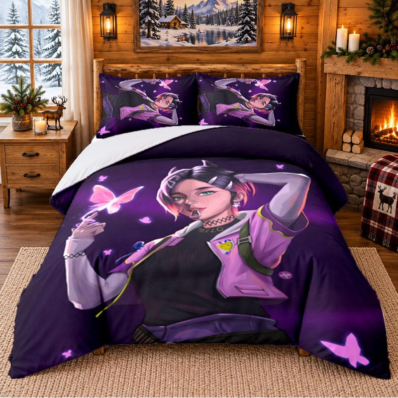 Clove Valorant Pattern Bedding 3Pcs Set Bed Sheet And Pillowcases For Indoor Bedroom