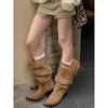 Cowhide Version of Large Tube Circumference Boots for Women, But Knee Thick Heel Knight Boots, Thin Pointed Belt Buckle Folds Piled Up