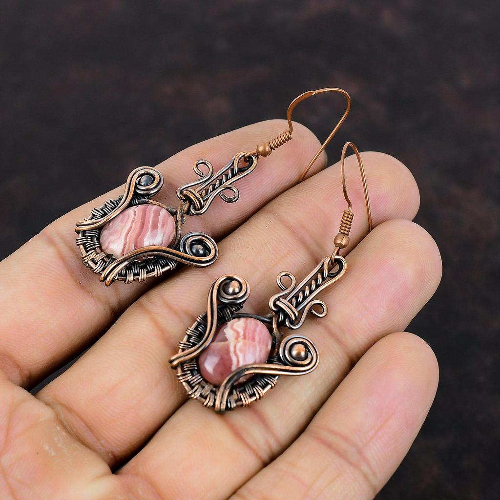 Серьги из родохрозита, медные серьги с проволочной обмоткой, драгоценные камни, медные украшения, серьги ручной работы, уникальные стильные серьги для подарка, ювелирные изделия с проволочной обмоткой