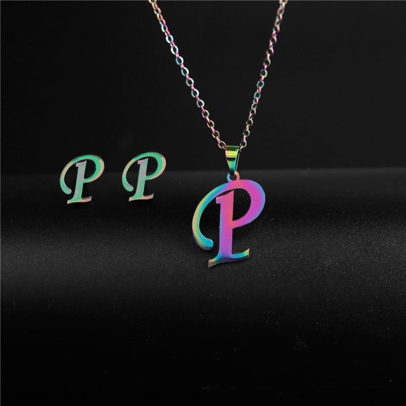 RUI RUI YU 26 Letter Colorful Stainless Steel Jewelry Sets for Women Men Alphabet Initial Chain Pendant Necklace Earrings Kids Gift
