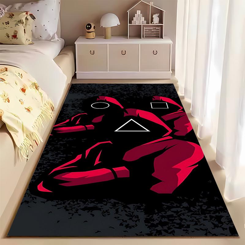 Red Guards Pattern Rug with Geometric Symbols on Black Background Suitable for use as an anti-slip for living room bedroom sofas