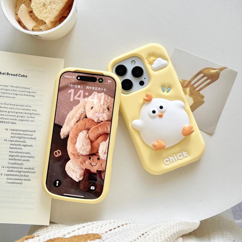 Cute 3D Cartoon Chick Phone Case For 17 16 15 14 13 12 Pro Max Plus Soft Silicone Protective Cover