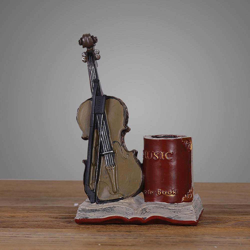 Vintage Saxophone and Violin Pen Holder, Retro Music Theme Resin Craft for Desk Decor, Unique Office Organizer Gift