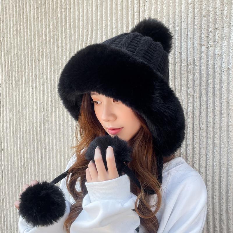 Cashmere Knitted Hat Thick Ear Protection Woolen Hat Big Wool Collar Warm Hat
