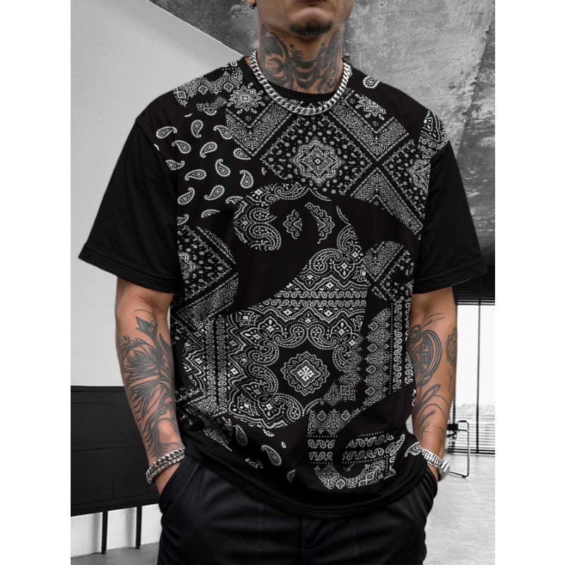 Bohemian Bandana Patterned Short - Sleeve Tops Summer Round Neck 3D Print Fashionable Casual Men's T-shirts