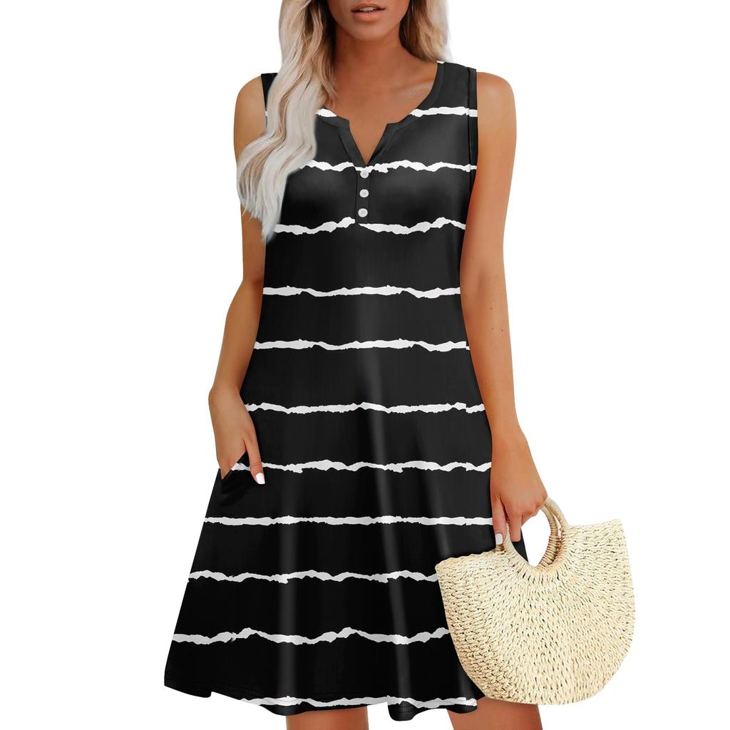 Женские летние платья Свободные сарафаны без рукавов с V-образным вырезом Платье с карманами