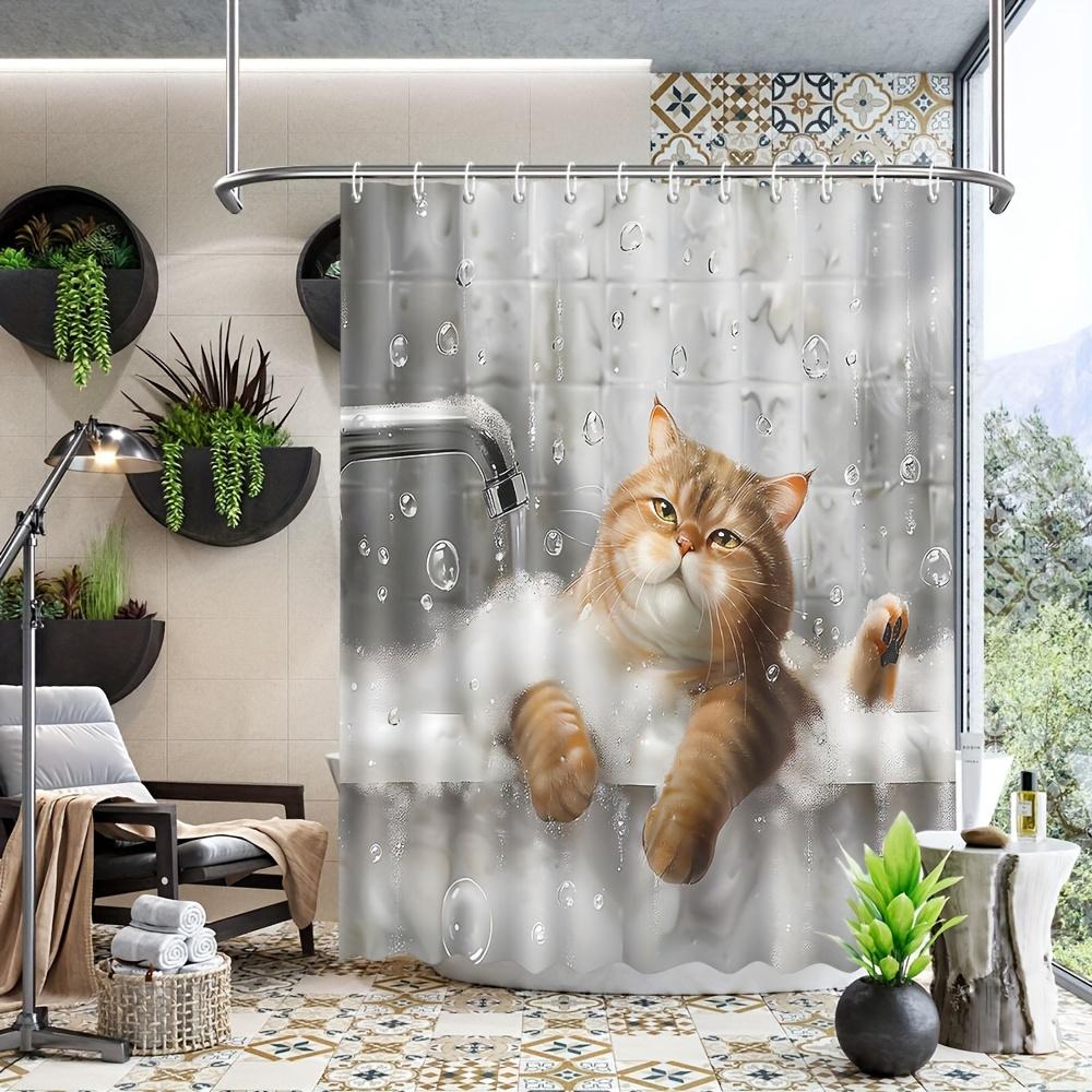 1Pc Shower Curtain - Adorable Orange Cat In A Bathtub With Bubbles And Water Drops Design Waterproof