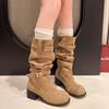 Spring and Autumn Hot Selling Women's Boots Fashion Round Toe Solid Color Medium Heel Buckle Sleeve Women's High Boots